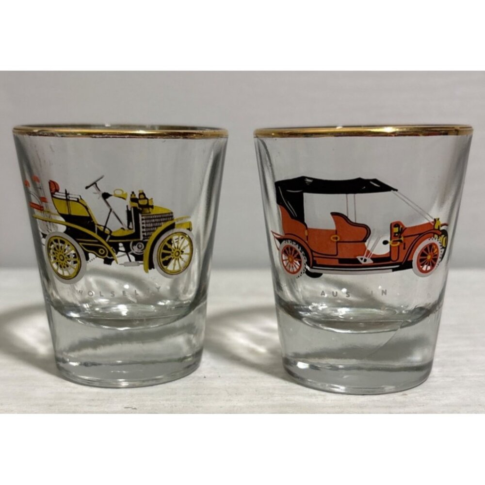 Wolseley & Austin Car Shot Glasses With Gold Rim Vintage Classic Car Collector
